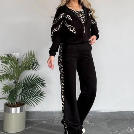 Women’s Chic Leopard Print Stripe Tracksuit 3-Piece Set