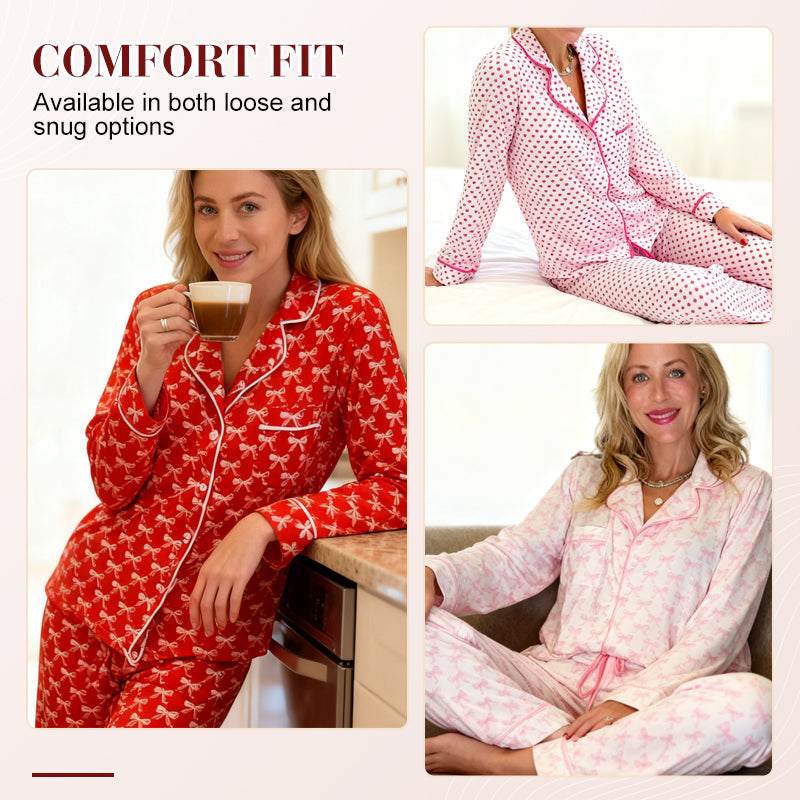 Women’s Heart-Printed Button-Down Long-Sleeve Pajama Sets