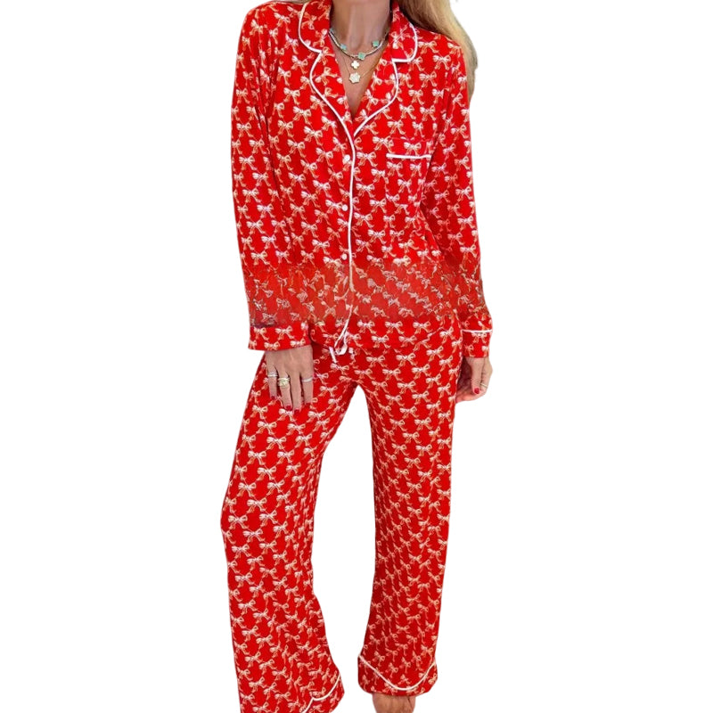 Women’s Heart-Printed Button-Down Long-Sleeve Pajama Sets