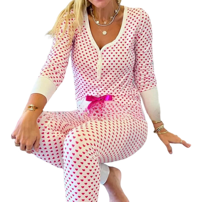 Women’s Heart-Printed Button-Down Long-Sleeve Pajama Sets