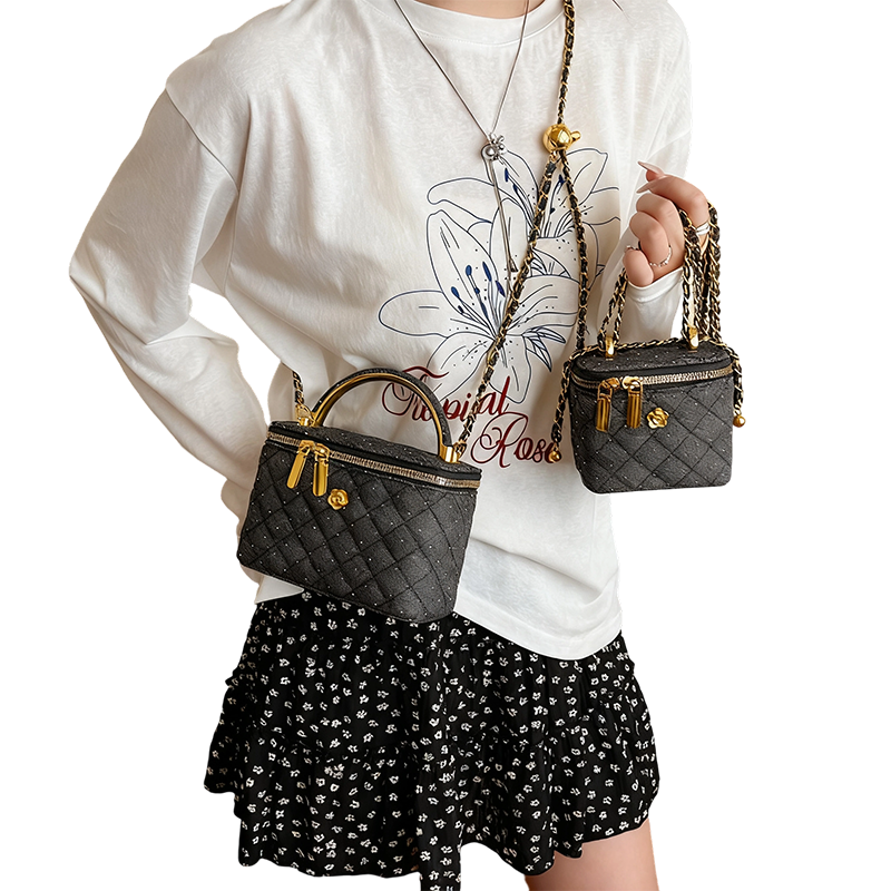 Women's Quilted Rhinestone Denim Crossbody Box Bag