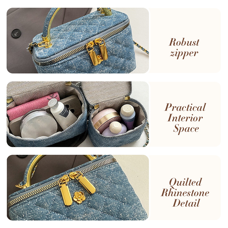 Women's Quilted Rhinestone Denim Crossbody Box Bag
