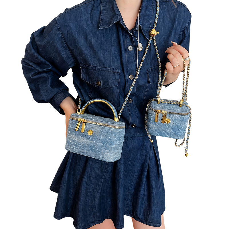 Women's Quilted Rhinestone Denim Crossbody Box Bag