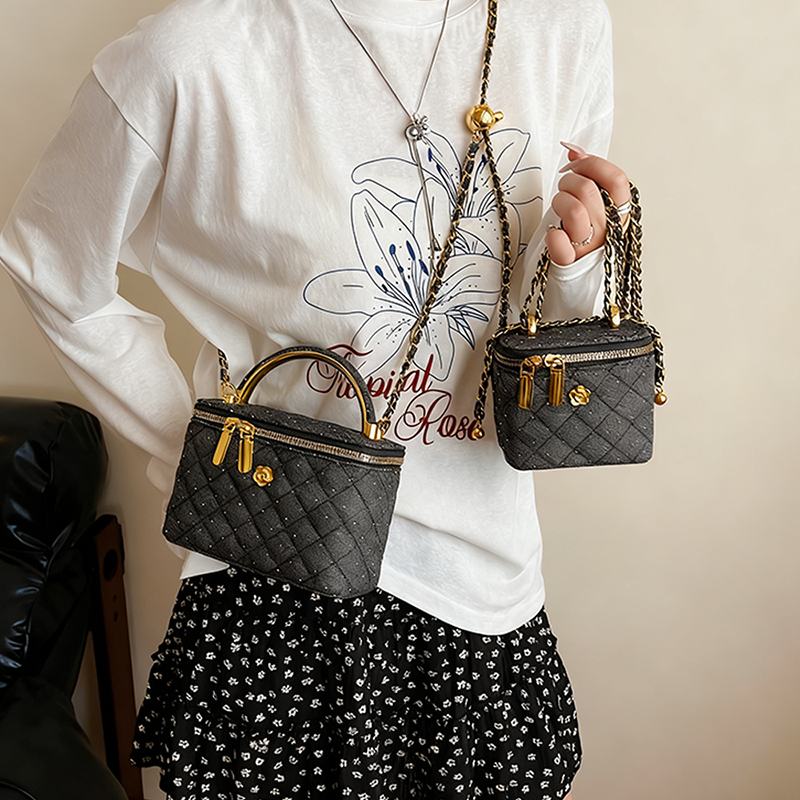 Women's Quilted Rhinestone Denim Crossbody Box Bag