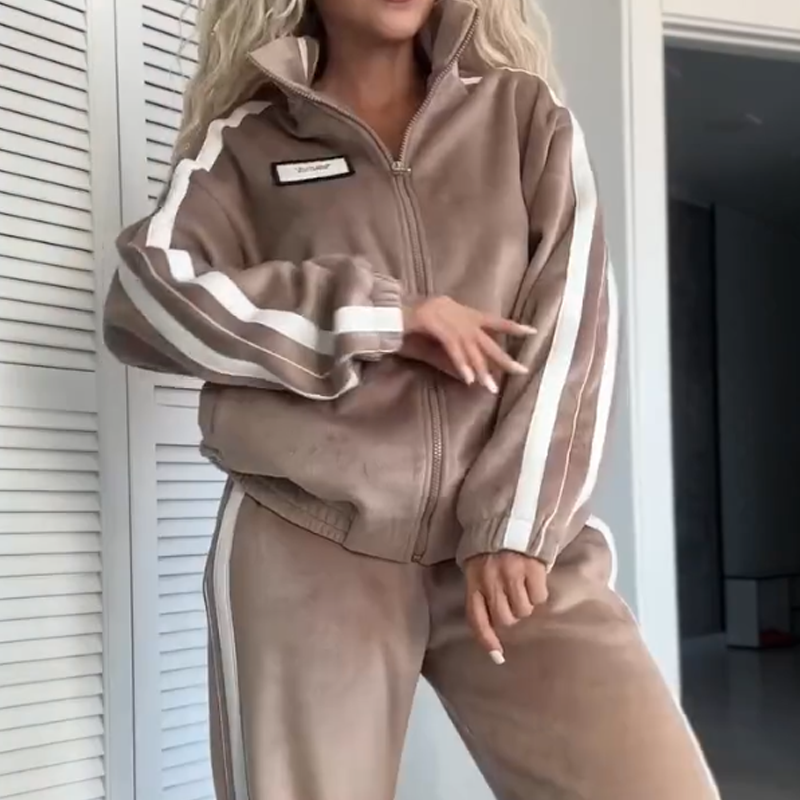 2-piece set consisting of jacket and trousers with elasticated waistband and colour block design for women【Free delivery】