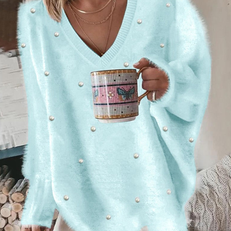 🔥Hot Sale Offers-V-Neck Long Sleeve Beaded Decor Oversized Sweater Fluffy Pullover Top