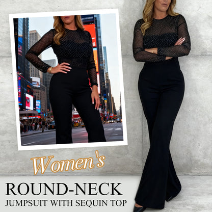 ✨ Women’s Glamorous Round-Neck Jumpsuit – Sparkling Sequin Top, Head-Turning Style for Parties & Evenings