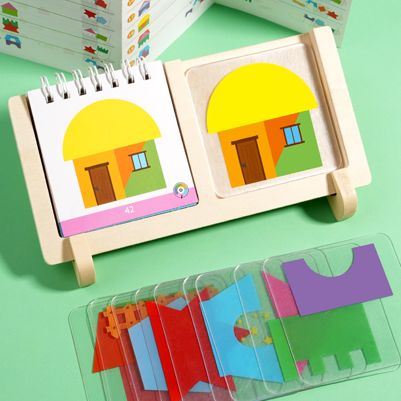 Geometric House Layering Puzzle with Wooden Base