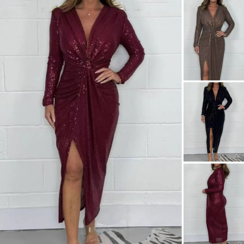 ⚡Black Friday Flash Deal!💥Women V-neck Pleated Sequined Slit Elegant Temperament Evening Party Dress Direct 50% Off, King of Cost Performance!