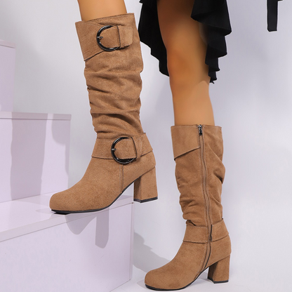 Women's Suede Mid-Calf Boots with Buckle Detail