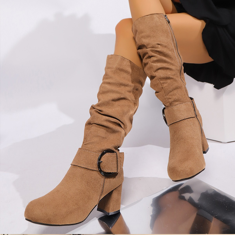 Women's Suede Mid-Calf Boots with Buckle Detail
