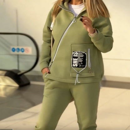 Stylish 2-Piece Slanted Zipper Sweatshirt Set