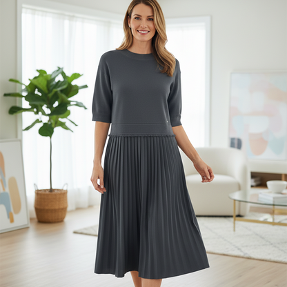 Women's Round Neck Pleated Midi Dress