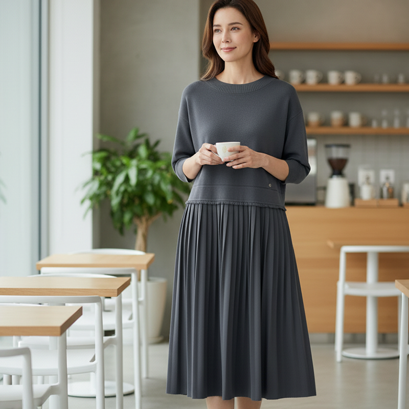 Women's Round Neck Pleated Midi Dress