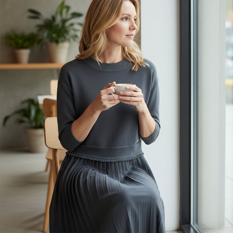 Women's Round Neck Pleated Midi Dress