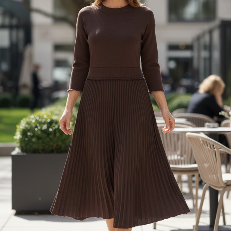 Women's Round Neck Pleated Midi Dress