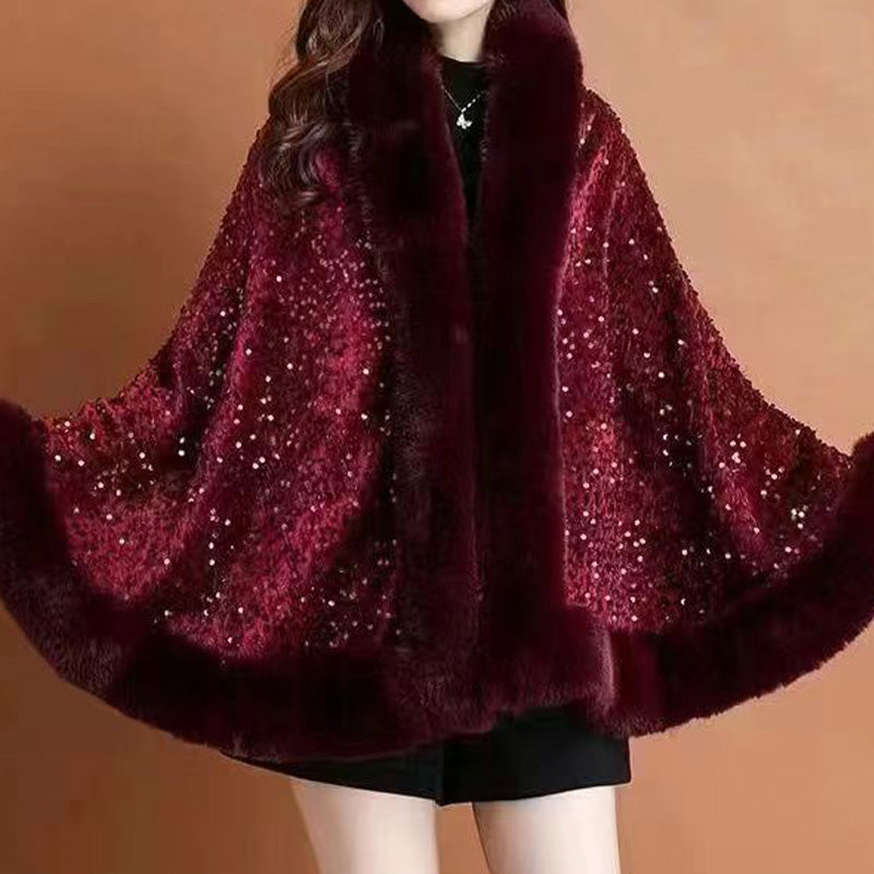 Women's Elegant Faux Fur Sequined Shawl Wrap