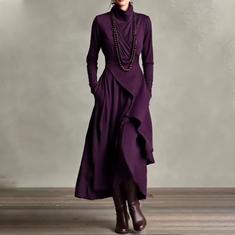 👗 Women's Elegant High-Neck Asymmetrical Maxi Dress – Draped Design for Effortless Charm!