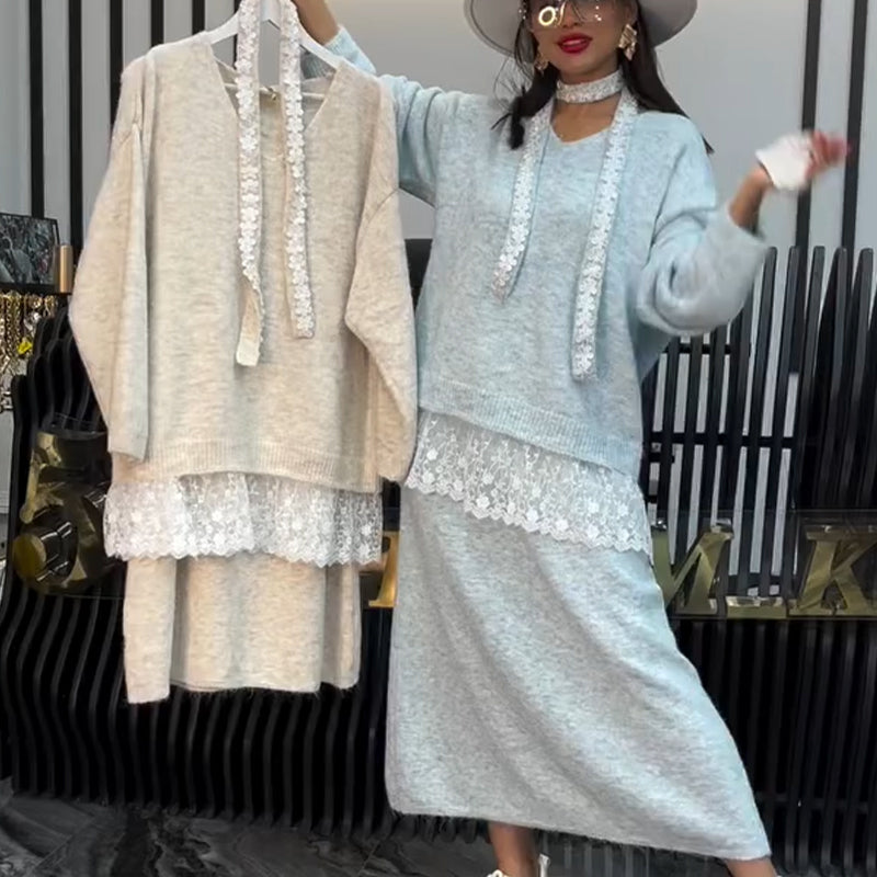 ✨ Women’s Lace-Trim Knit Sweater & Skirt 2-Piece Set — Effortless Elegance for Autumn & Winter ❄️👗
