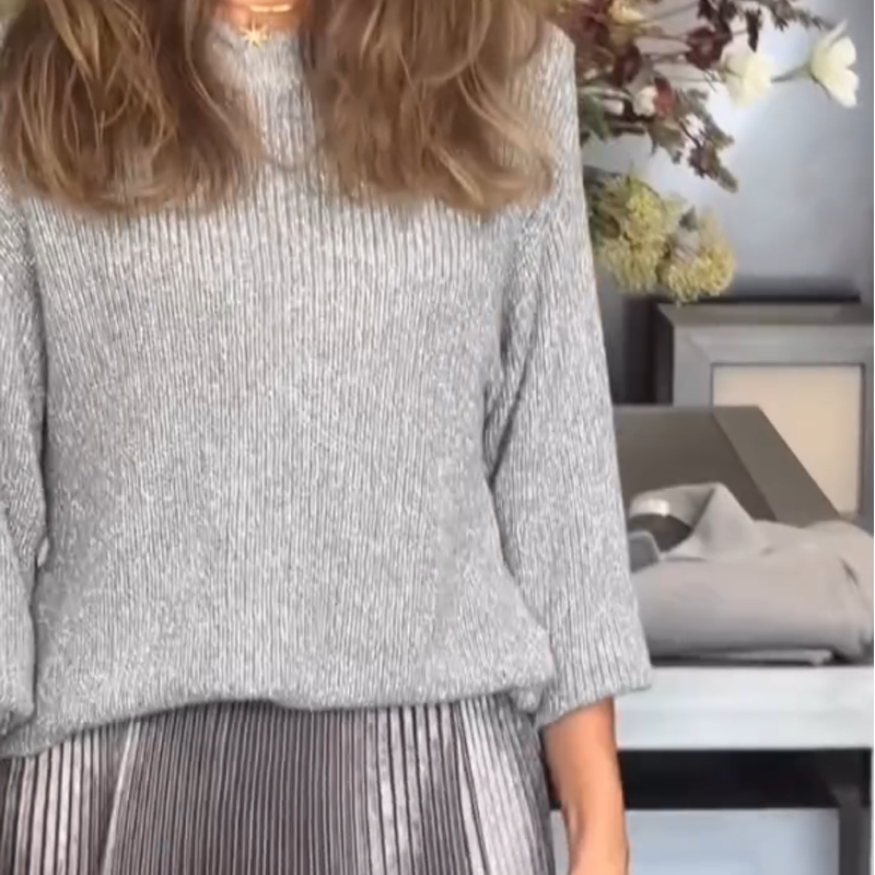 Elegant Knit Sweater & Metallic Pleated Skirt Set
