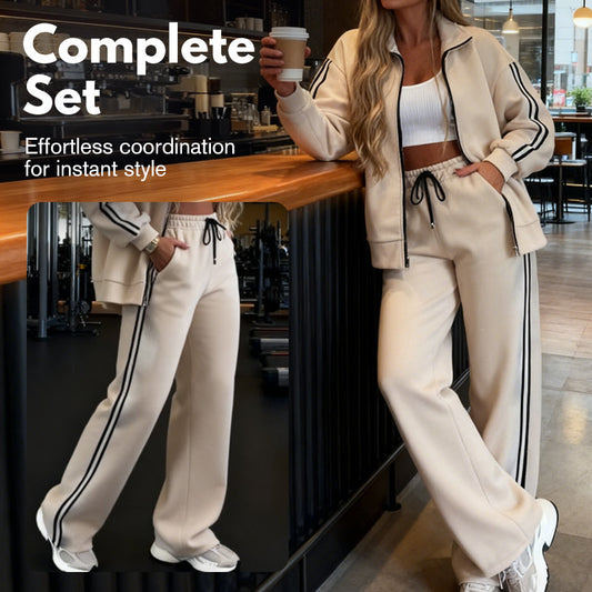 🔥Hot Sale Offers-Women's Casual Two-Piece Tracksuit Zip Jacket & Striped Pants