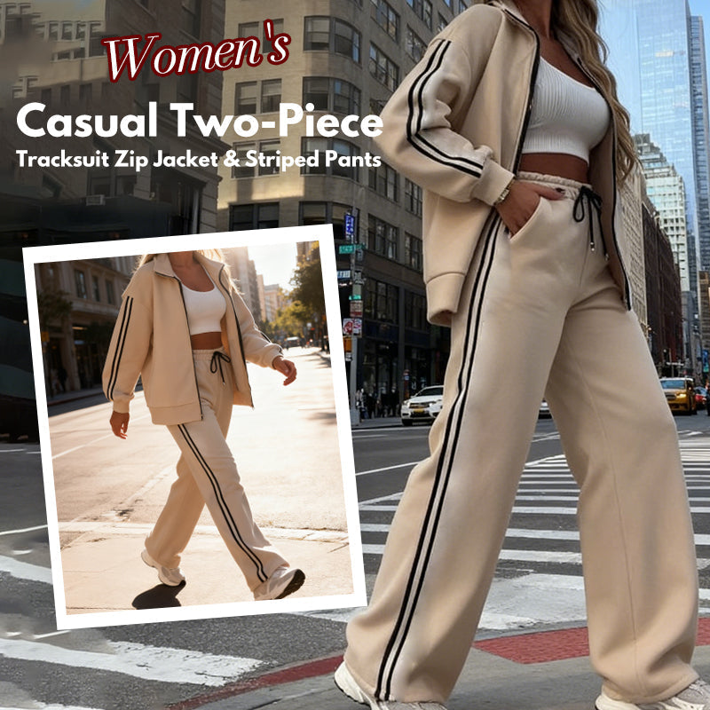 🔥Hot Sale Offers-Women's Casual Two-Piece Tracksuit Zip Jacket & Striped Pants