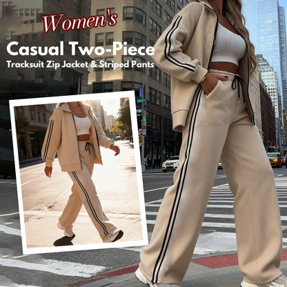 🔥Hot Sale Offers-Women's Casual Two-Piece Tracksuit Zip Jacket & Striped Pants