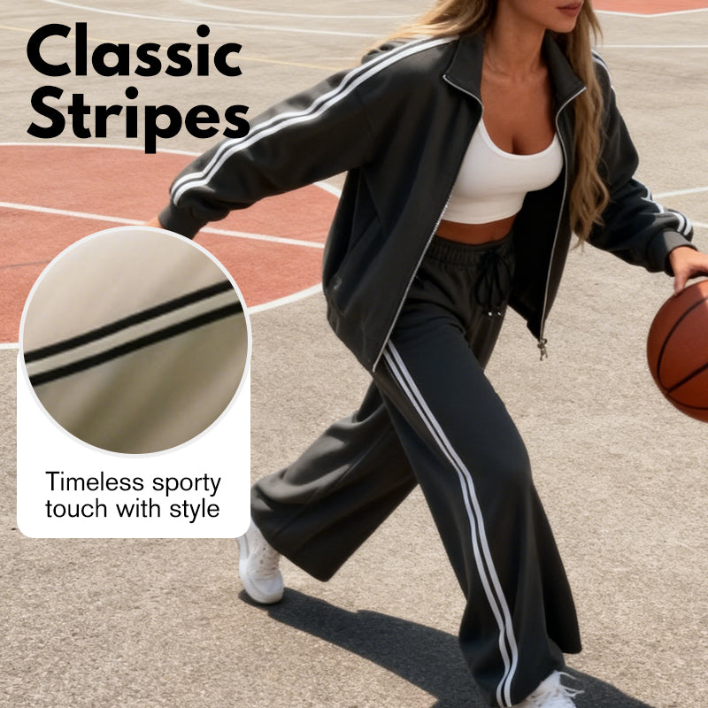 🔥Hot Sale Offers-Women's Casual Two-Piece Tracksuit Zip Jacket & Striped Pants