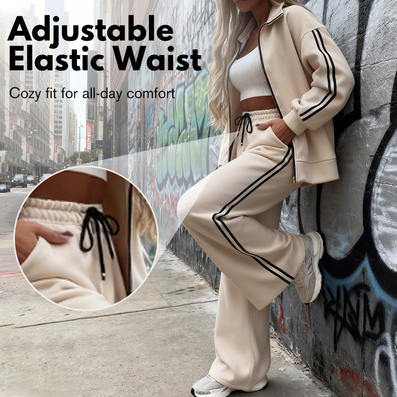 🔥Hot Sale Offers-Women's Casual Two-Piece Tracksuit Zip Jacket & Striped Pants