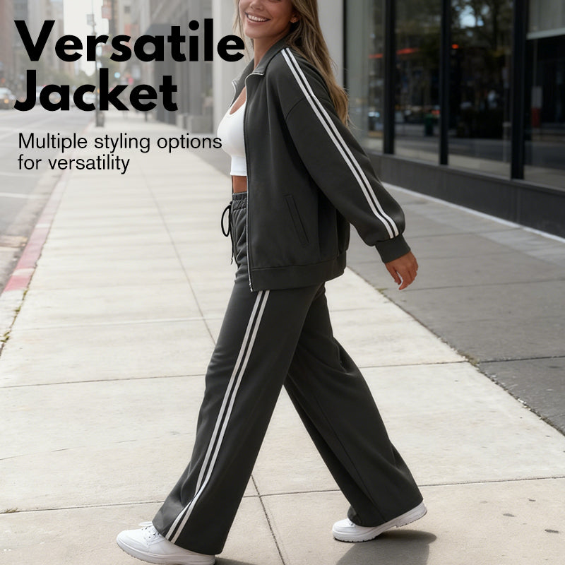 🔥Hot Sale Offers-Women's Casual Two-Piece Tracksuit Zip Jacket & Striped Pants