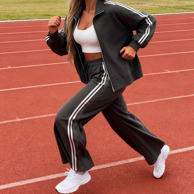 🔥Hot Sale Offers-Women's Casual Two-Piece Tracksuit Zip Jacket & Striped Pants