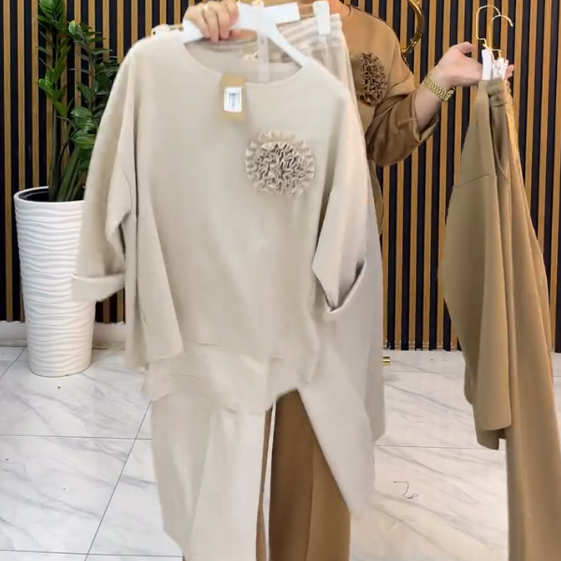 🔥New arrivals offer-Women's Asymmetrical Hem Top and Wide-Leg Pants Set