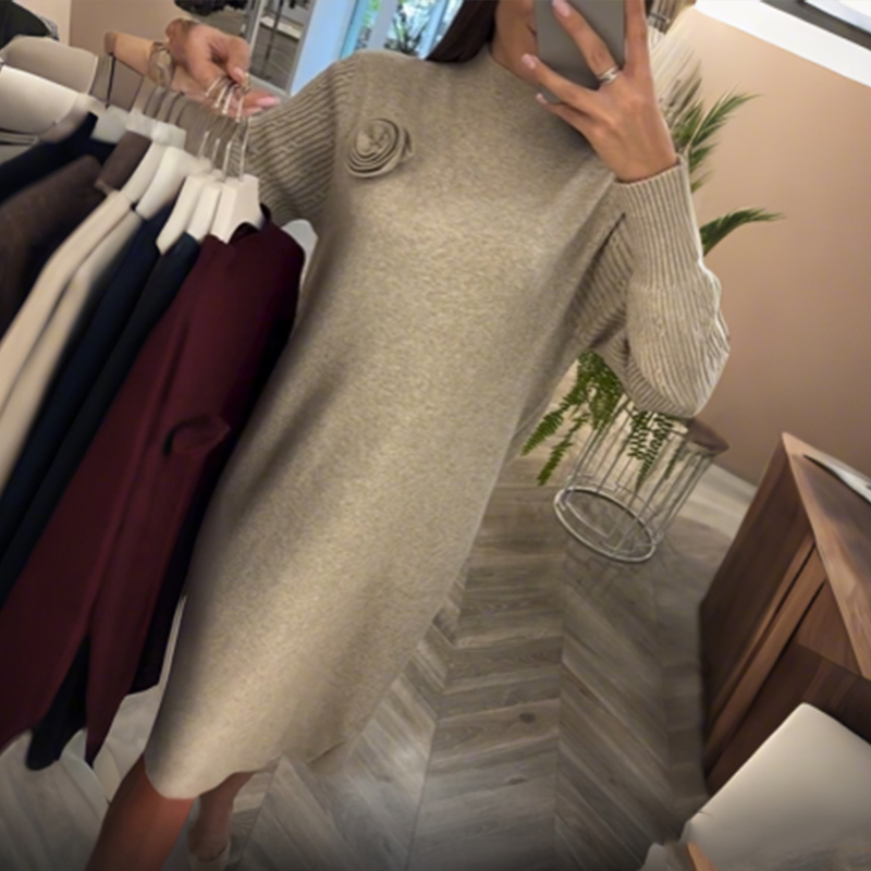 Women’s Long-Sleeve Mock-Neck Loose Knit Midi Dress