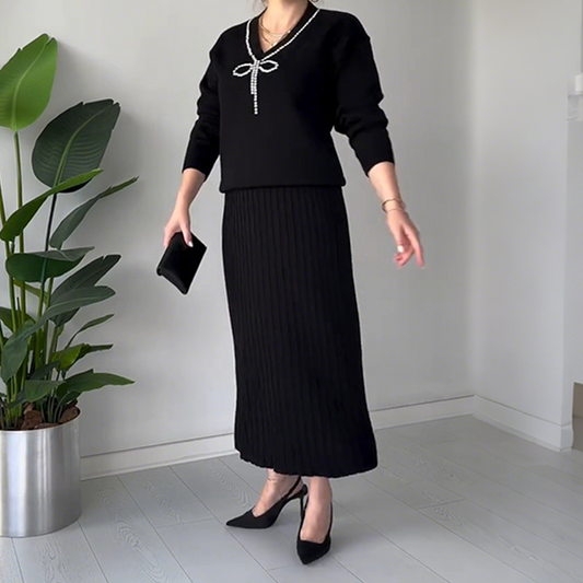 Women's Elegant Rhinestone Bow Two-Piece Sweater & Skirt Set