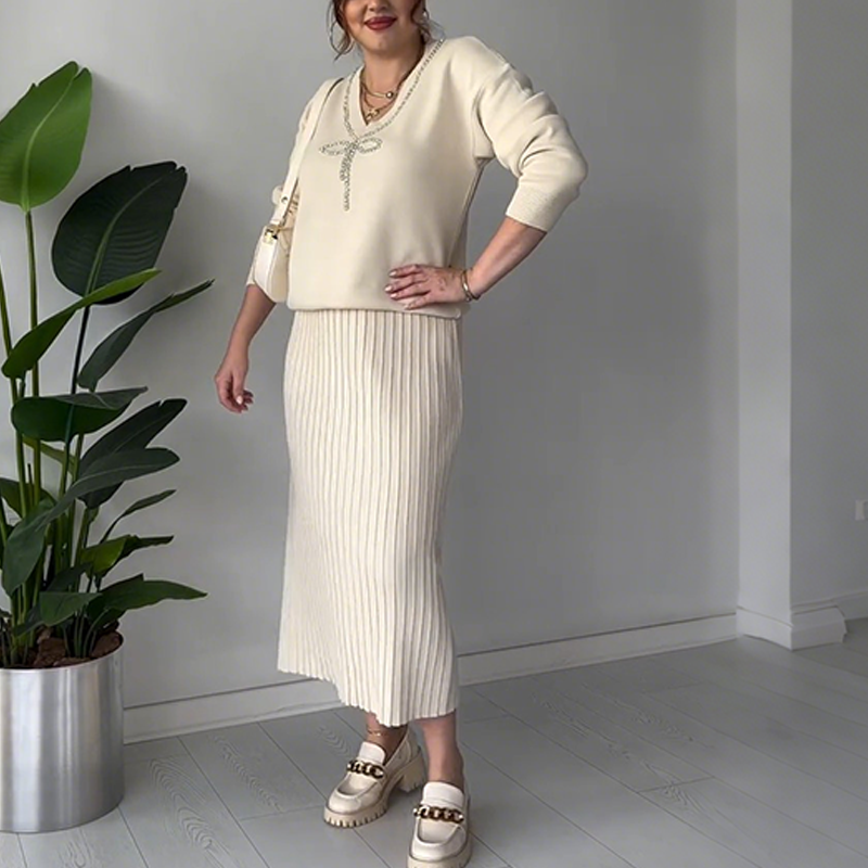 Women's Elegant Rhinestone Bow Two-Piece Sweater & Skirt Set