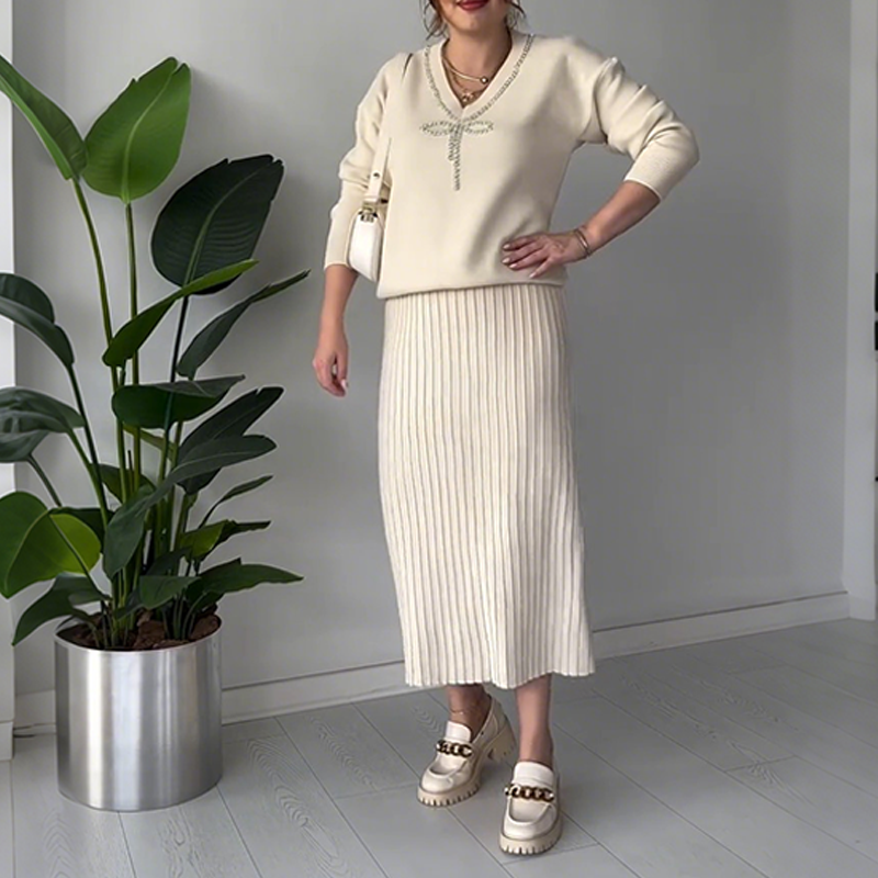 Women's Elegant Rhinestone Bow Two-Piece Sweater & Skirt Set