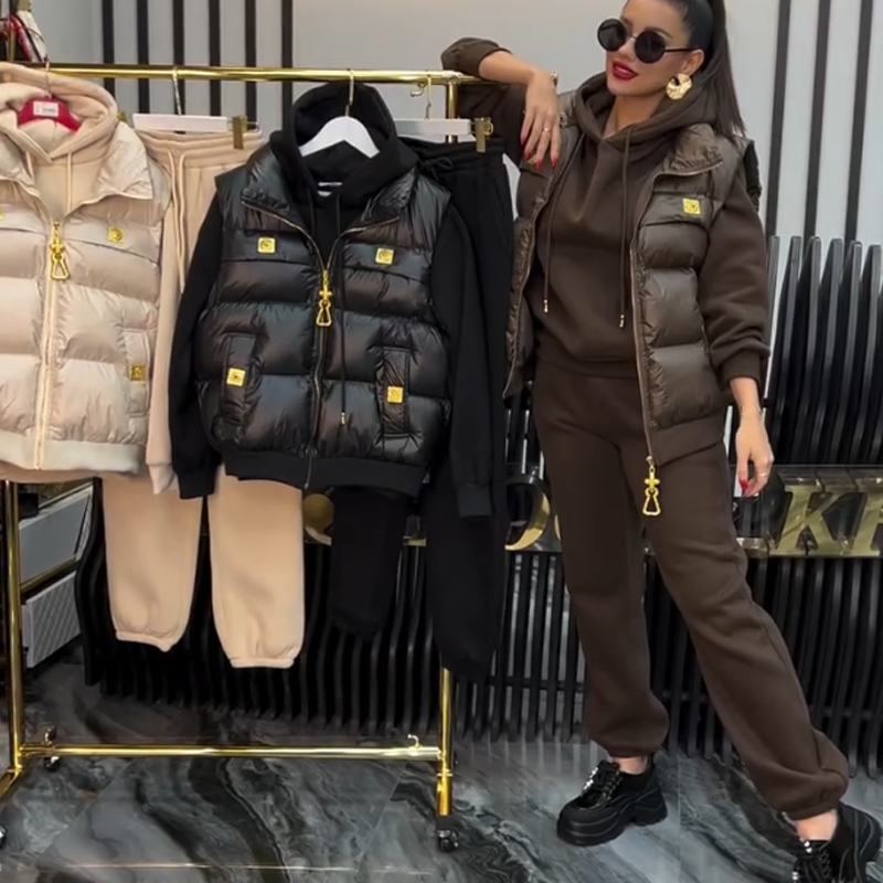 Women's 3-Piece Puffer Vest, Hoodie & Joggers Set