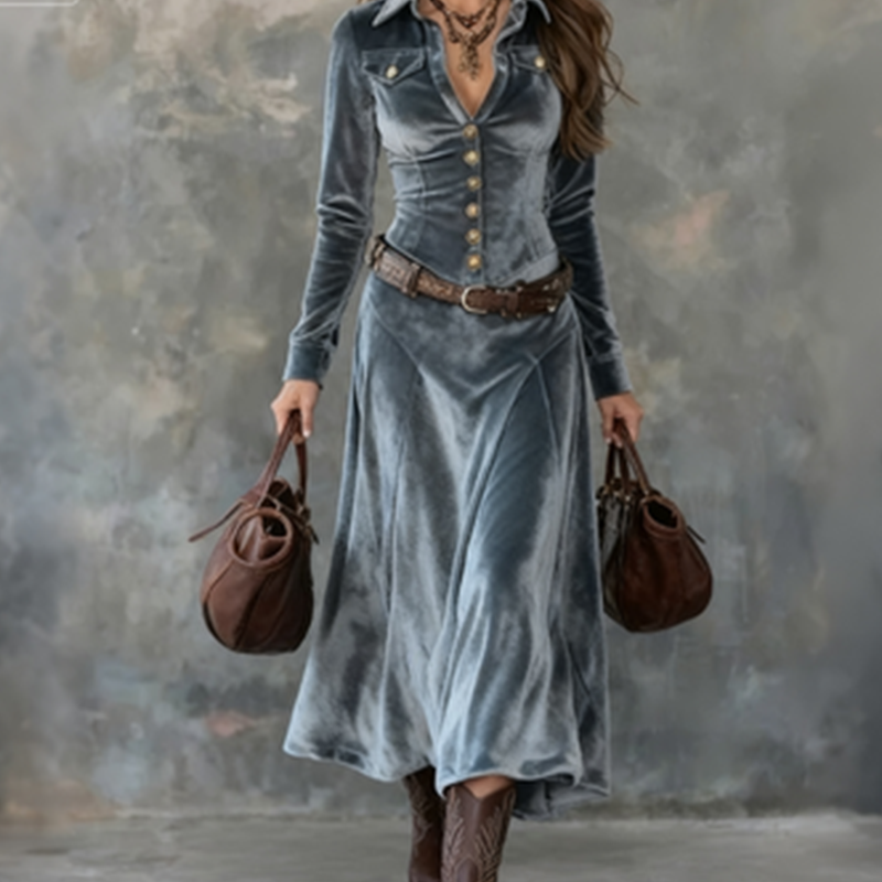 Women's Long Sleeve Velvet Maxi Dress