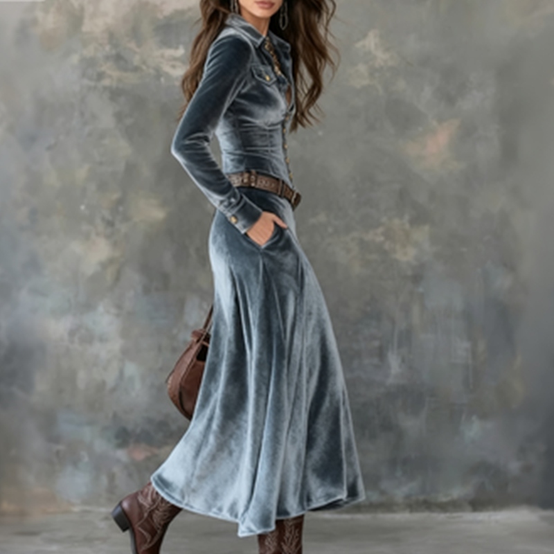 Women's Long Sleeve Velvet Maxi Dress