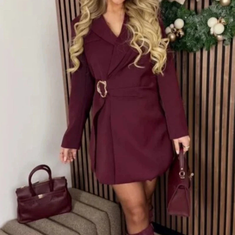 🔥Hot Sale Offers-Women's Solid Long Sleeve Notch Lapel Blazer Dress