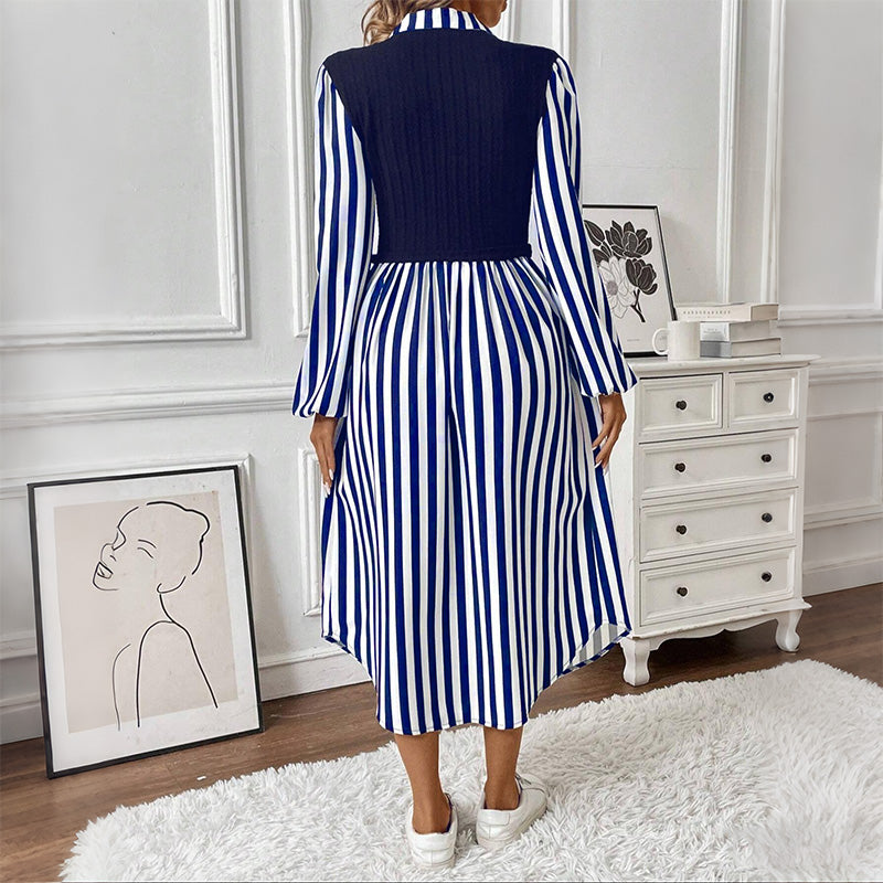 Striped Long Sleeve Shirt Dress with Contrast Bodice