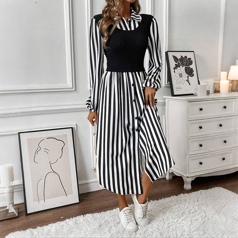 Striped Long Sleeve Shirt Dress with Contrast Bodice