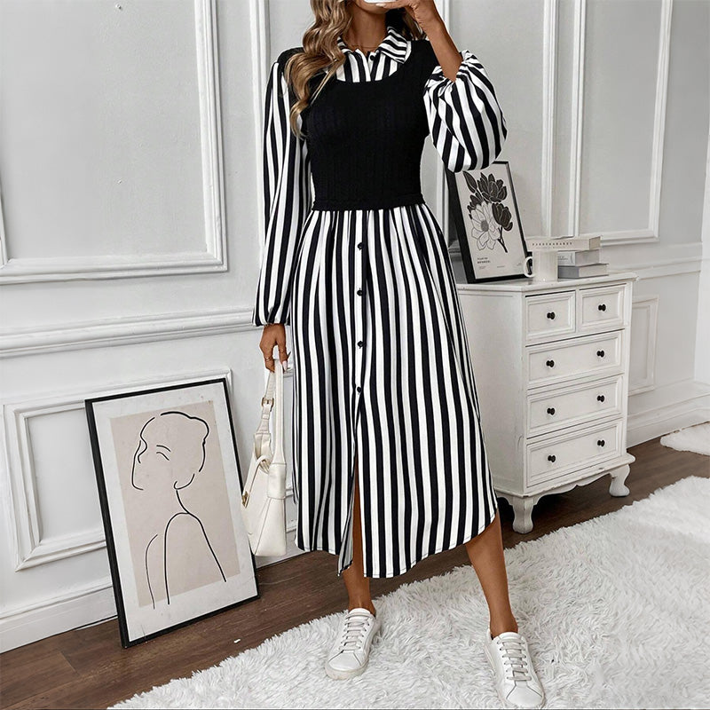 Striped Long Sleeve Shirt Dress with Contrast Bodice