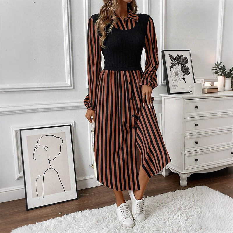 Striped Long Sleeve Shirt Dress with Contrast Bodice