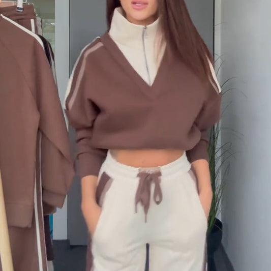 ✨ 50% OFF Stock Clearance! Women's Soft V-Neck Contrast Tracksuit 2-Piece - Breathable & Easy to Match