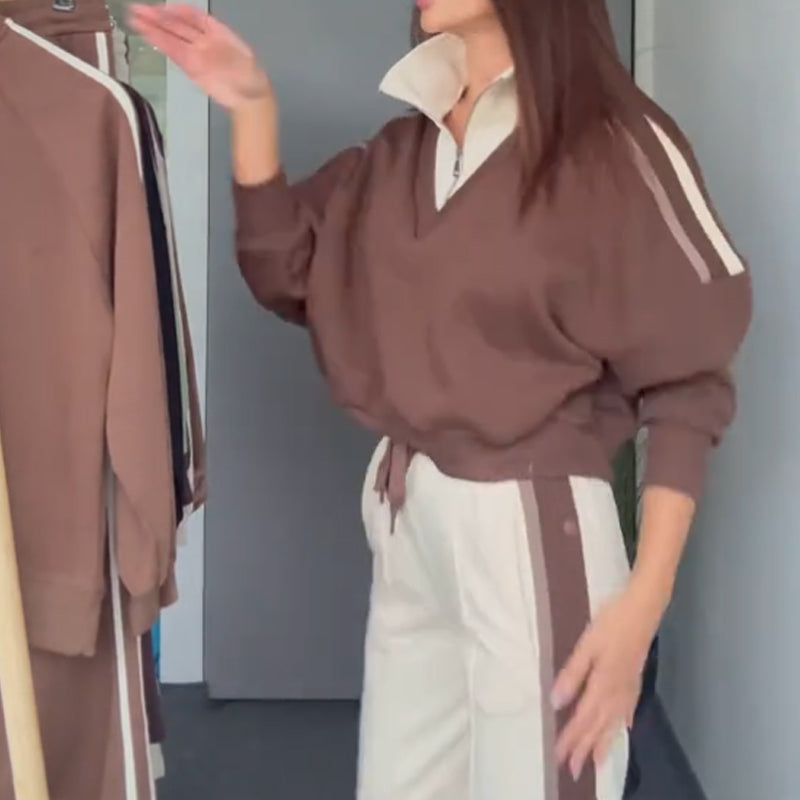 ✨ 50% OFF Stock Clearance! Women's Soft V-Neck Contrast Tracksuit 2-Piece - Breathable & Easy to Match