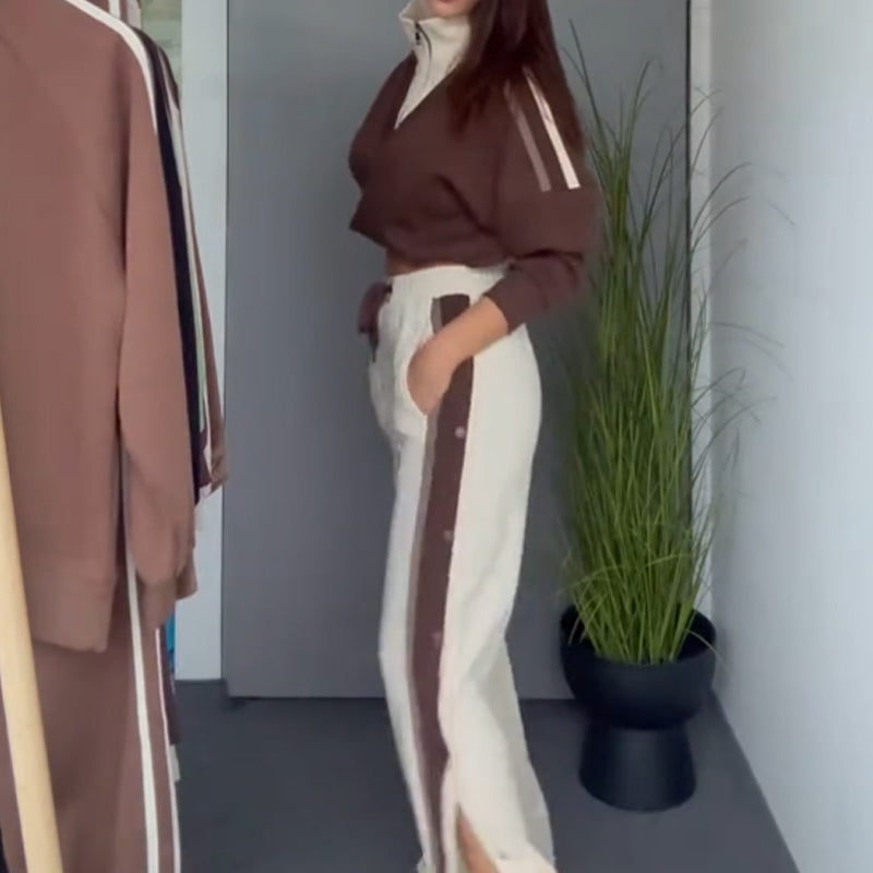 ✨ 50% OFF Stock Clearance! Women's Soft V-Neck Contrast Tracksuit 2-Piece - Breathable & Easy to Match