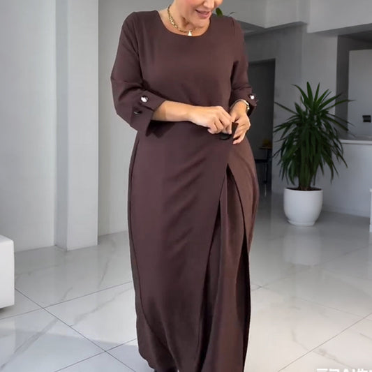 🔥Hot Sale Offers-Women's Round-Neck Pleated Patchwork Midi Dress