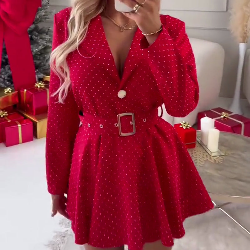 Women's Dot Long Sleeve Mini Blazer Dress with Belt