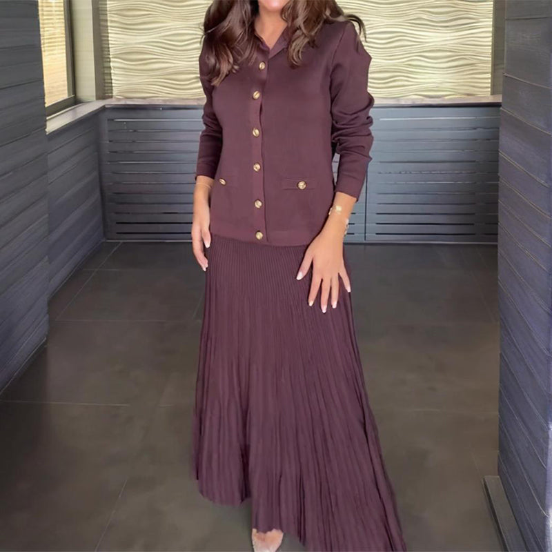 Elegant Lapel Top & Pleated Skirt Set